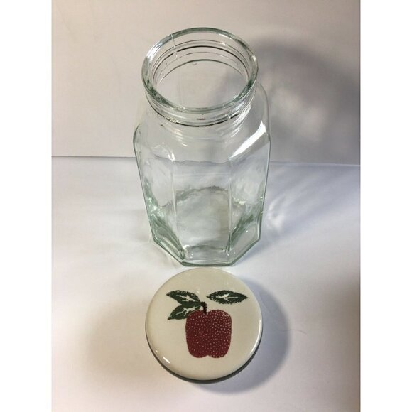 Glass Jar Canister W Ceramic Apple Lid Octagon Cookie Storage Kitchen Farmhouse - Picture 2 of 4
